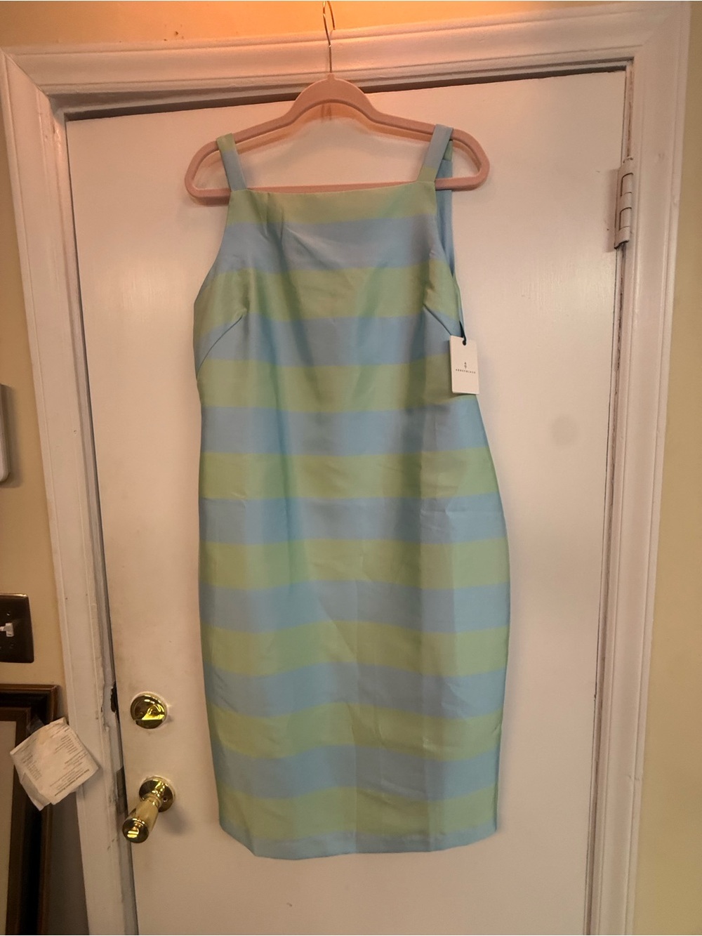 Striped Midi Sheath Dress in Light Blue and Light Green